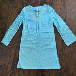 Lilly Pulitzer Elina Tunic Dress Cover Up XS Embroidered Blue Boho V-Neck